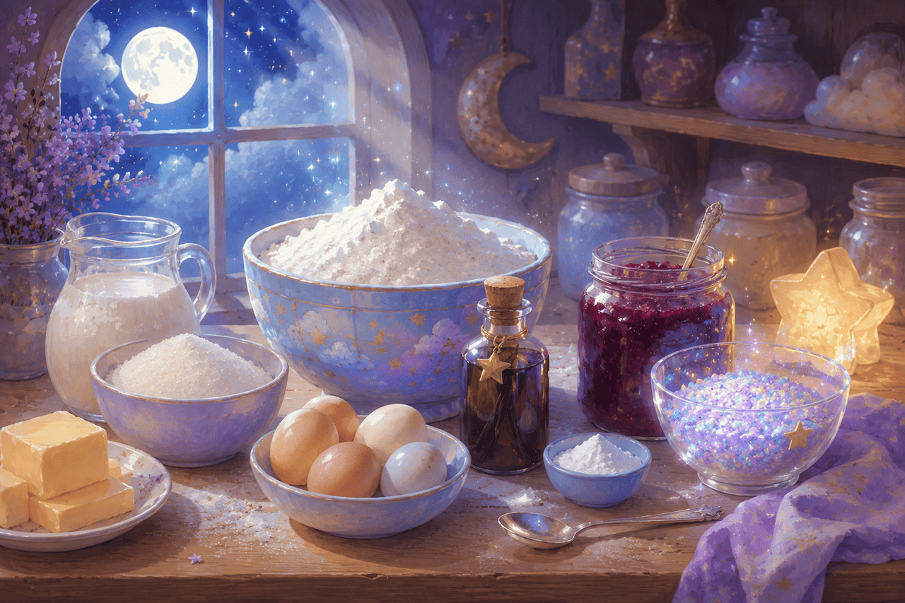 Cloud cake ingredients arranged on a moonlit kitchen table