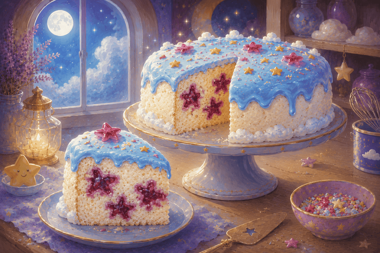 Slice of Moonbeam Sprinkle Cloud Cake with starberry jam stars inside