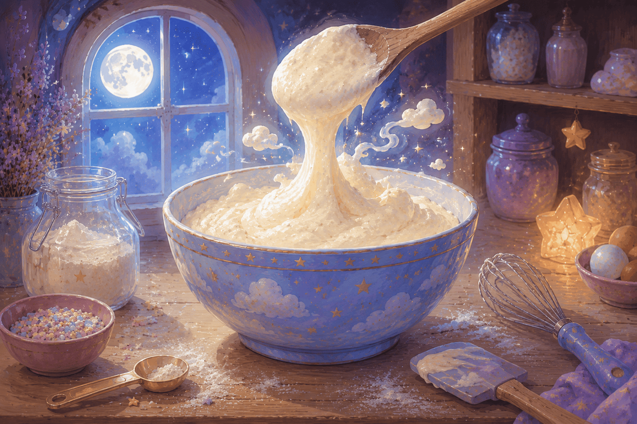 Cloud cake batter stretching from a wooden spoon over a blue bowl