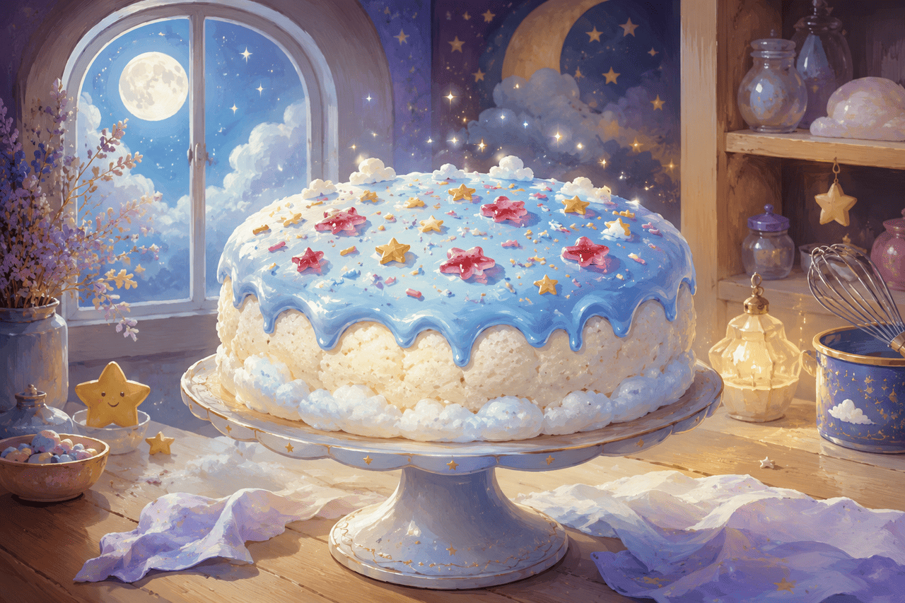 Moonbeam Sprinkle Cloud Cake with blue glaze and star sprinkles by a moonlit window