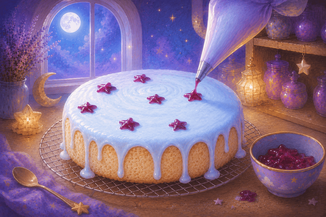 Purple jam stars being piped onto a blue-glazed cake