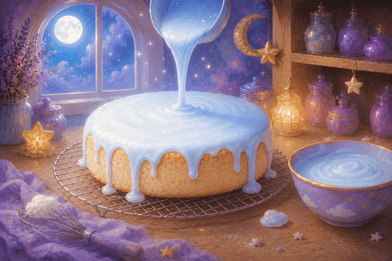Blue moonbeam glaze being poured over a round cake
