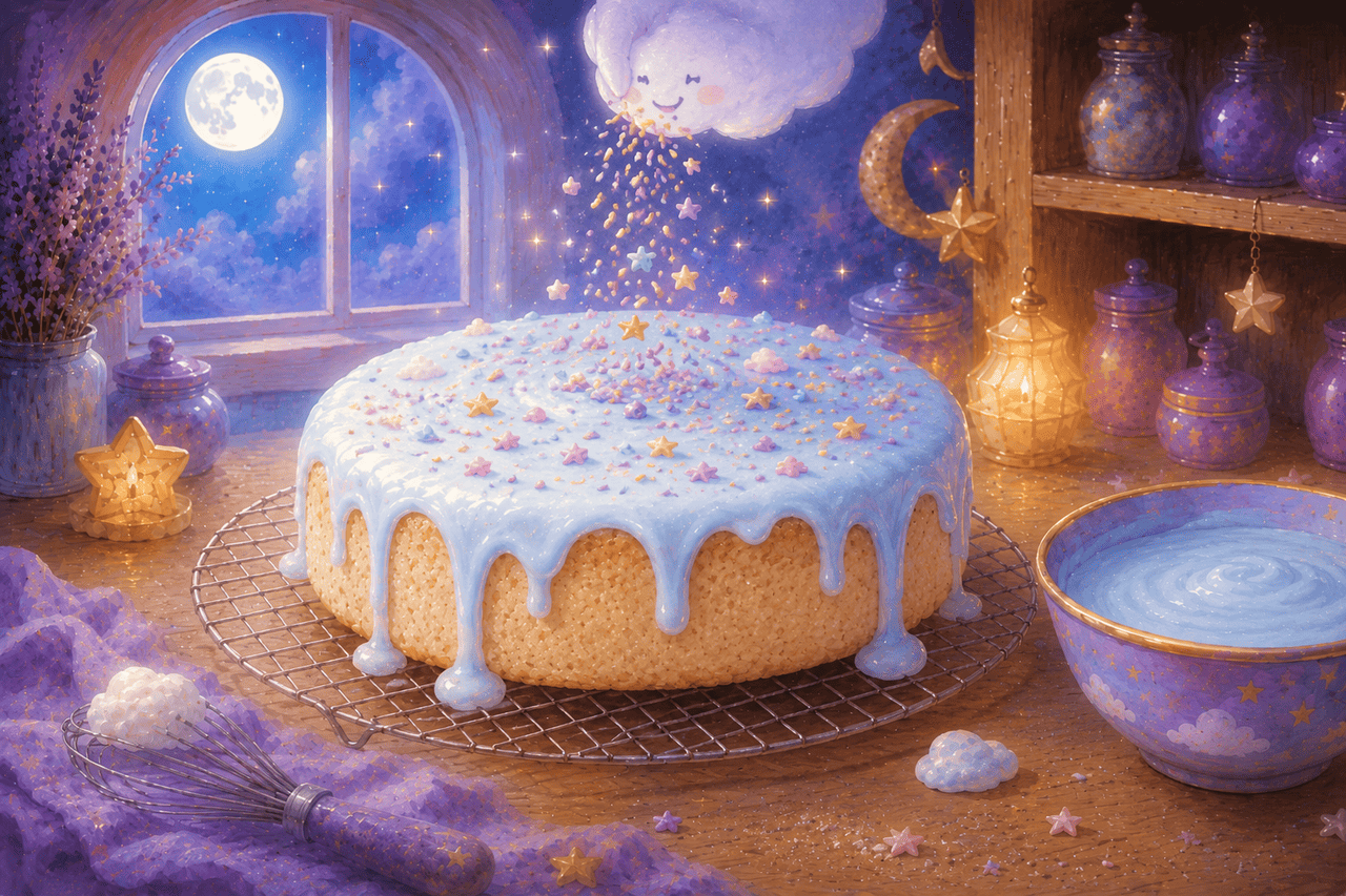 Sprinkles and small stars falling onto a blue-glazed cake