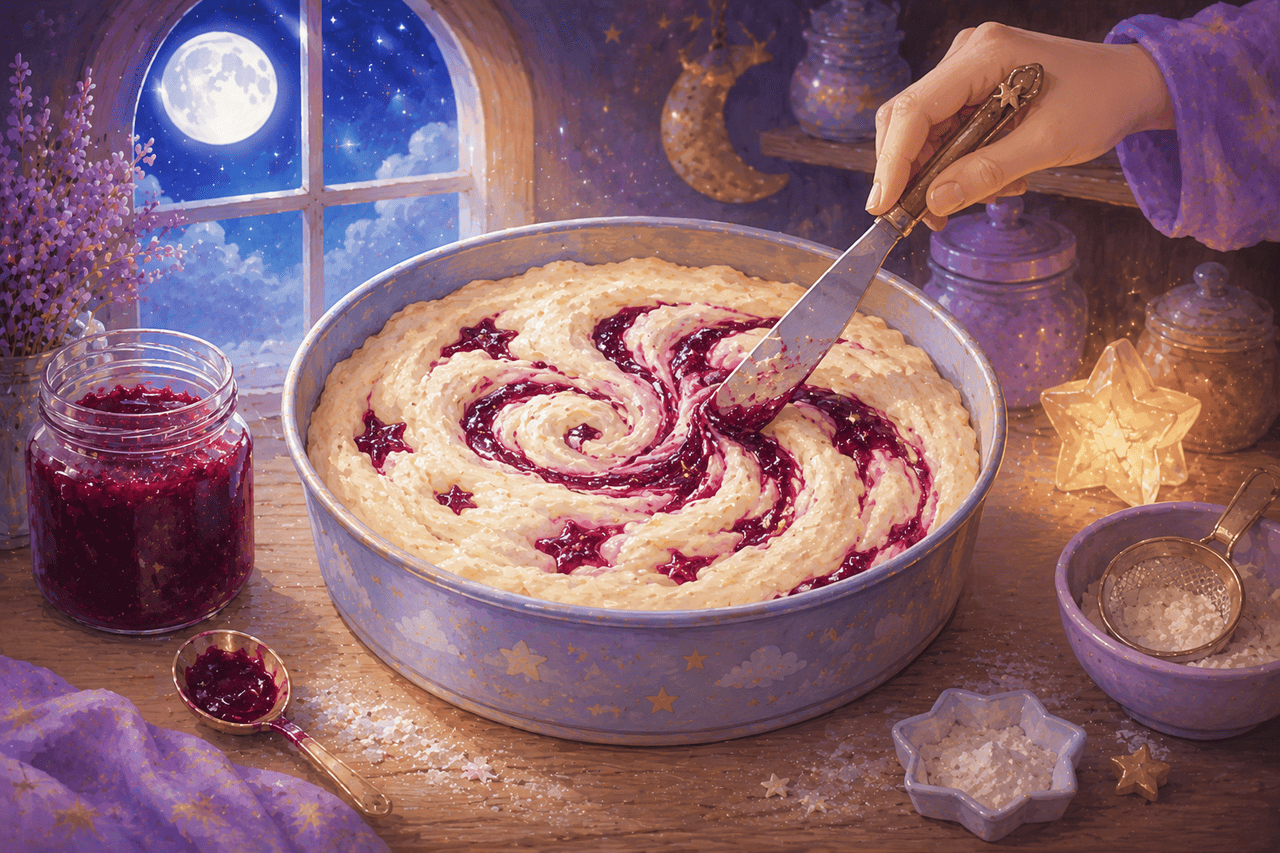 Starberry jam swirled through cloud cake batter in a round pan